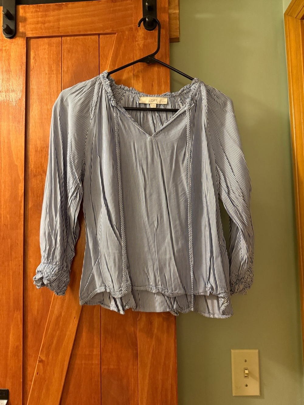LOFT Light Blue Pinstripe Peasant Top